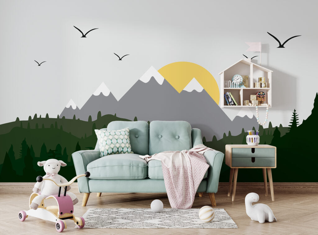 Grey Mountain Sunrise Wallpaper : Yellow Sun Kids Mural - View 3