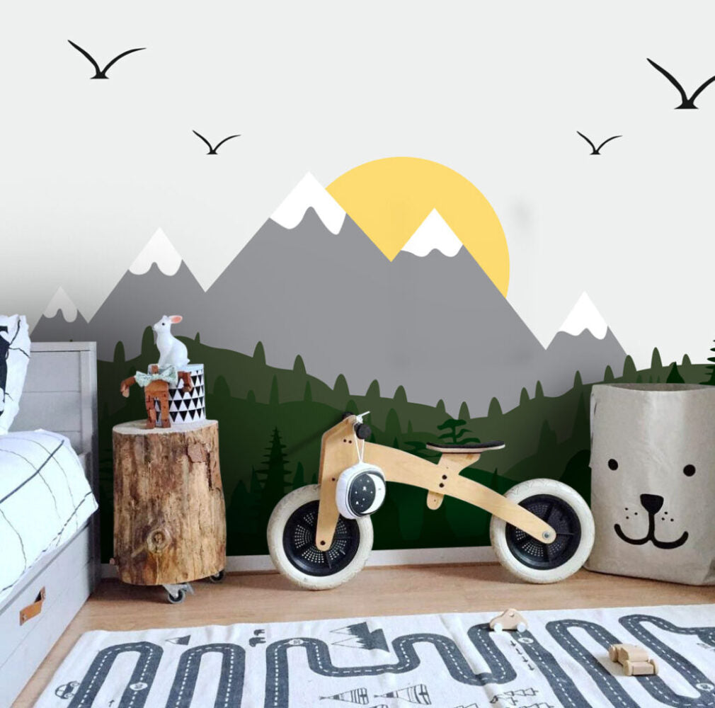 Grey Mountain Sunrise Wallpaper : Yellow Sun Kids Mural - View 5