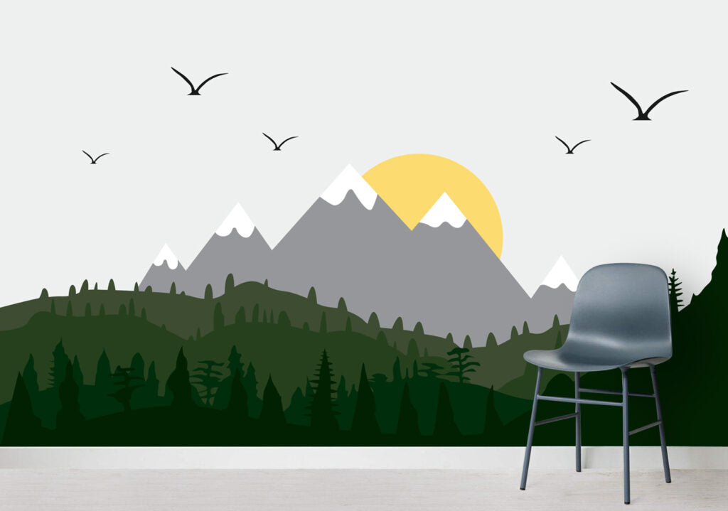 Grey Mountain Sunrise Wallpaper : Yellow Sun Kids Mural - View 4