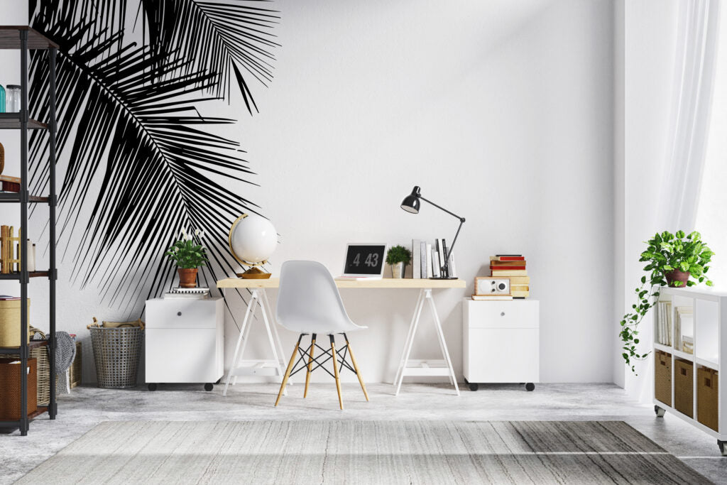 Palm Frond Wallpaper : Black and White Minimal Leaf Mural - View 2