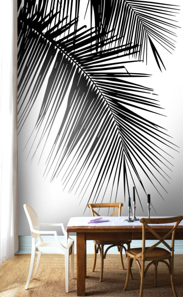 Palm Frond Wallpaper : Black and White Minimal Leaf Mural - View 5