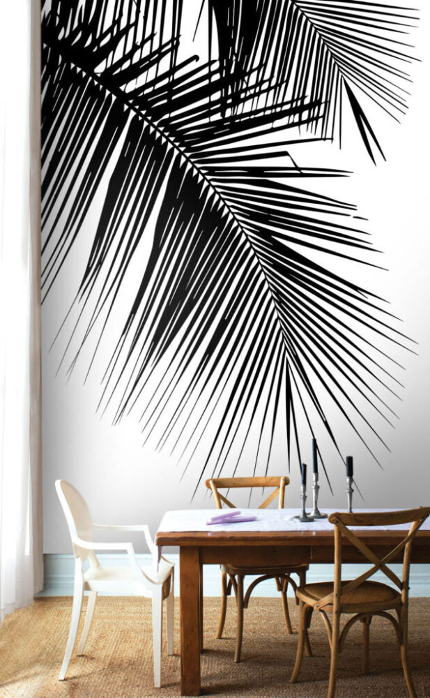 Palm Frond Wallpaper : Black and White Minimal Leaf Mural - View 3