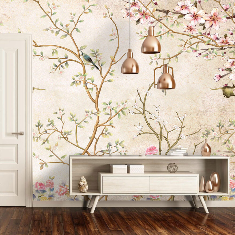 Spring Blossom Wallpaper : Chinoiserie Birdcage Tree Mural - View 2