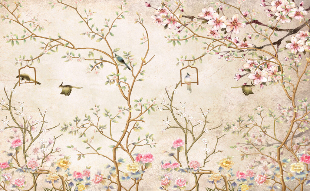Spring Blossom Wallpaper : Chinoiserie Birdcage Tree Mural - flat design