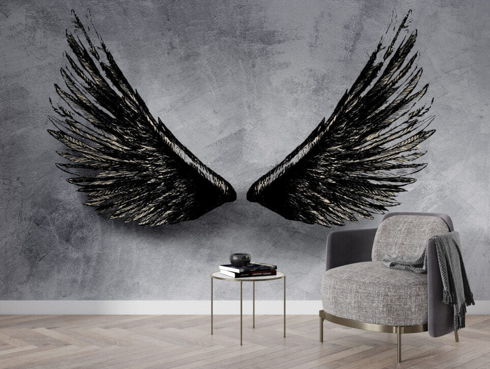Grey Wings Wallpaper : Black Feather Wings on Concrete Mural