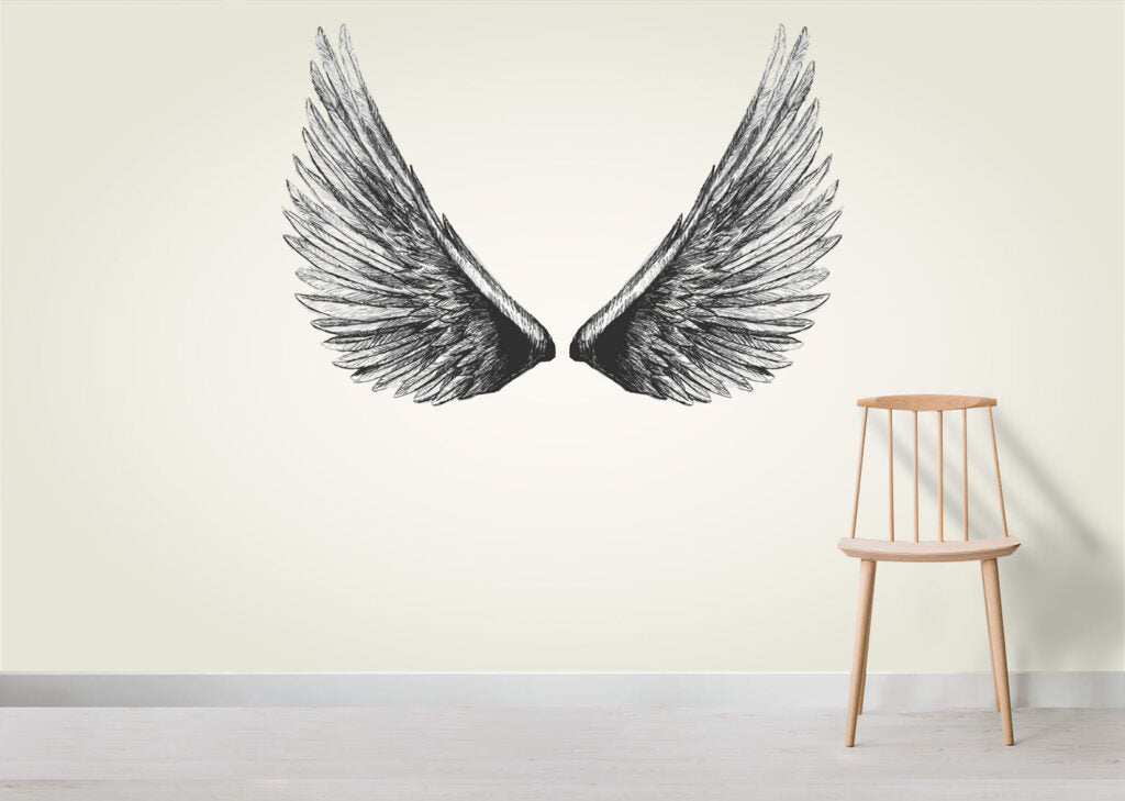 Grey Wings Wallpaper : Black Feather Wings on Concrete Mural - View 5