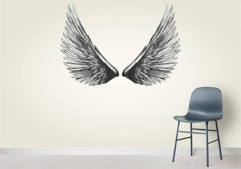 Grey Wings Wallpaper : Black Feather Wings on Concrete Mural - View 3