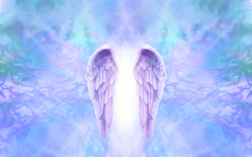 Lavender Angel Wings Wallpaper : Glowing Purple Sky Mural - flat design
