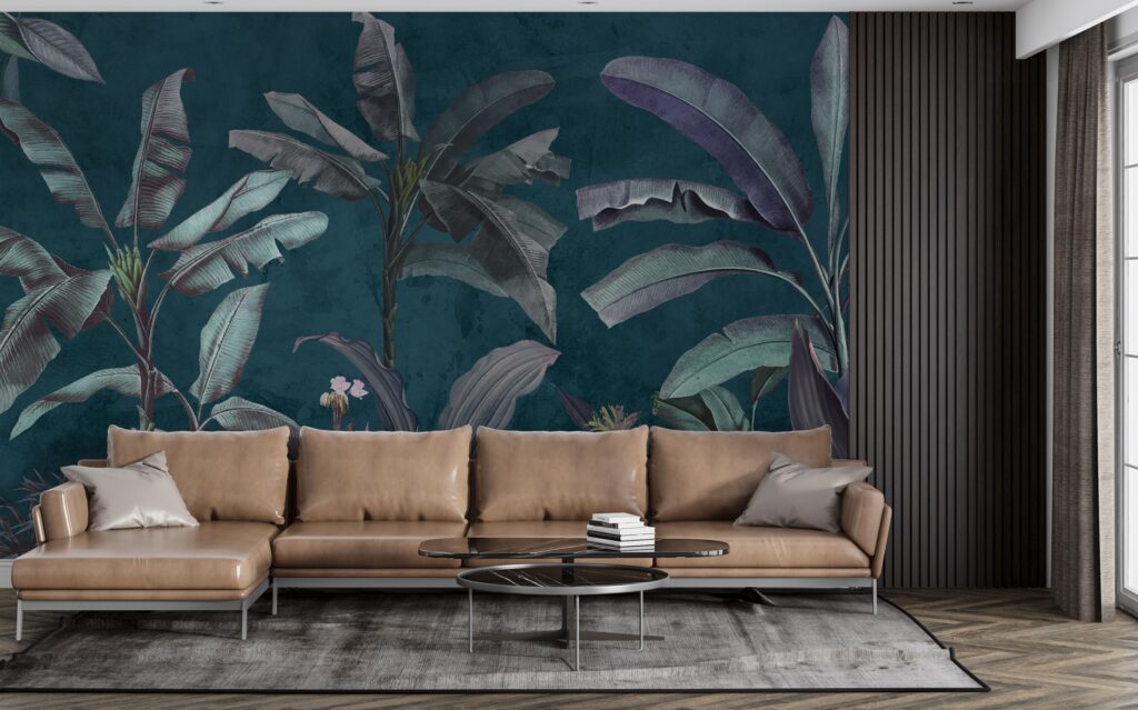 Dark Teal Jungle Wallpaper : Moody Banana Leaf Mural