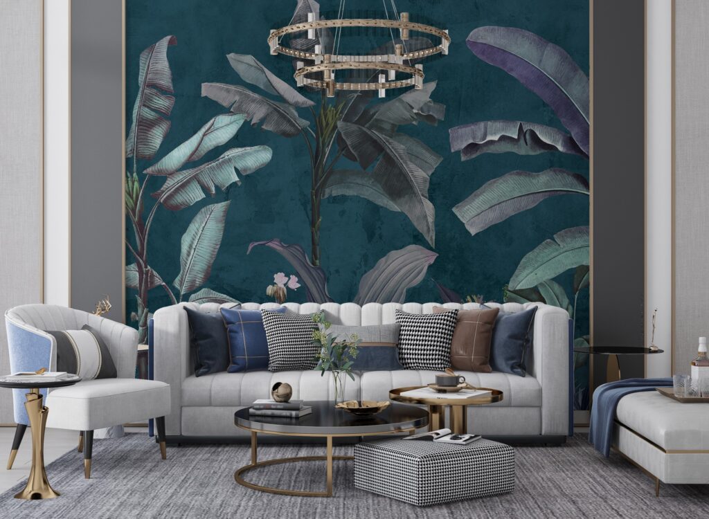 Dark Teal Jungle Wallpaper : Moody Banana Leaf Mural - View 5