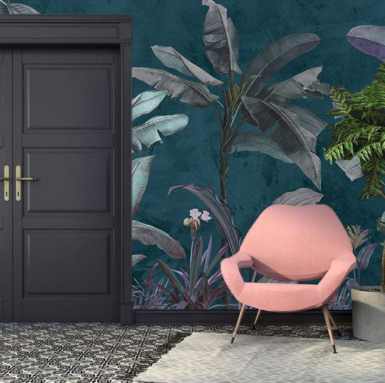 Dark Teal Jungle Wallpaper : Moody Banana Leaf Mural - View 2