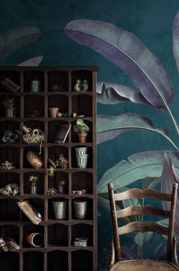 Dark Teal Jungle Wallpaper : Moody Banana Leaf Mural - View 3
