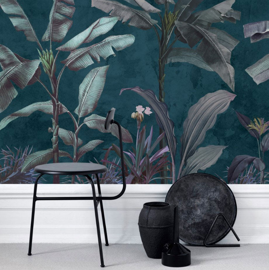 Dark Teal Jungle Wallpaper : Moody Banana Leaf Mural - View 4