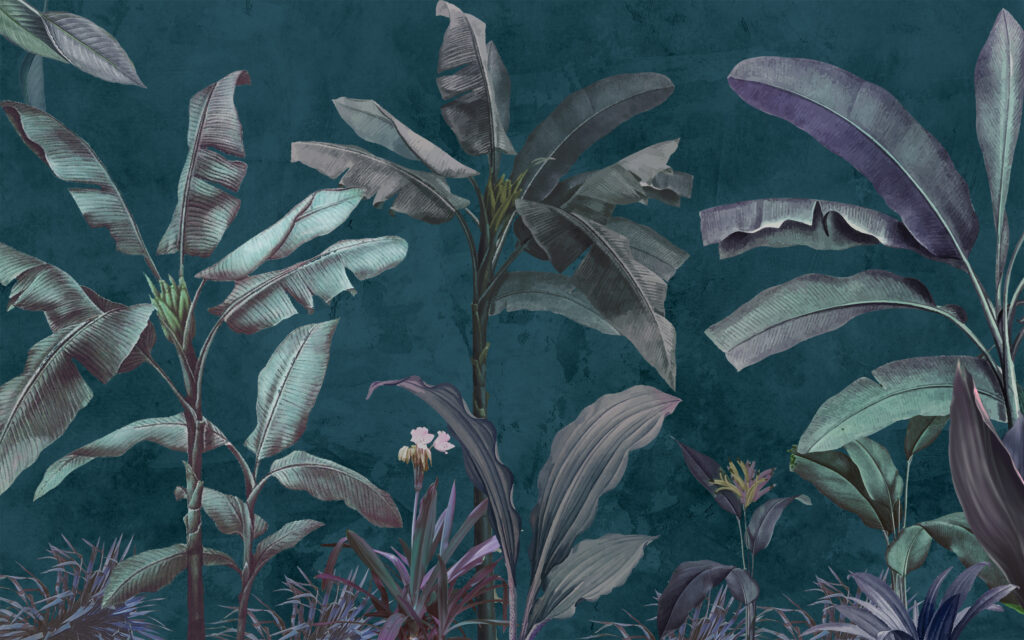 Dark Teal Jungle Wallpaper : Moody Banana Leaf Mural - flat design