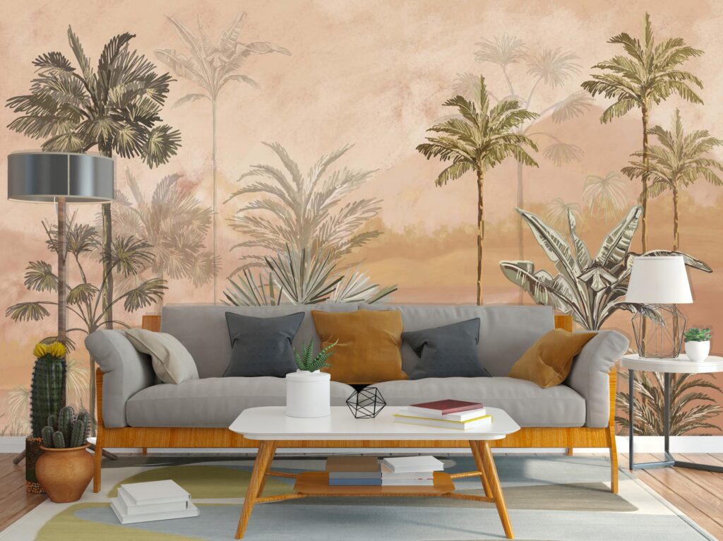 Sunset Palm Wallpaper : Golden Beige Palm Tree Mural - View 4