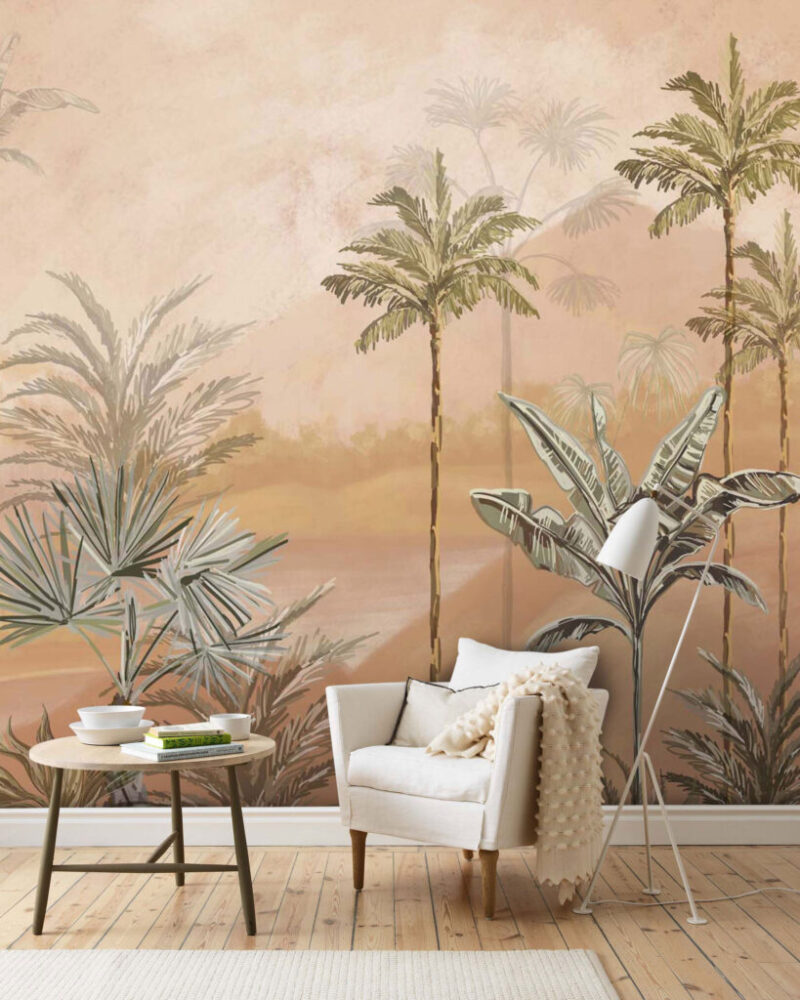 Sunset Palm Wallpaper : Golden Beige Palm Tree Mural