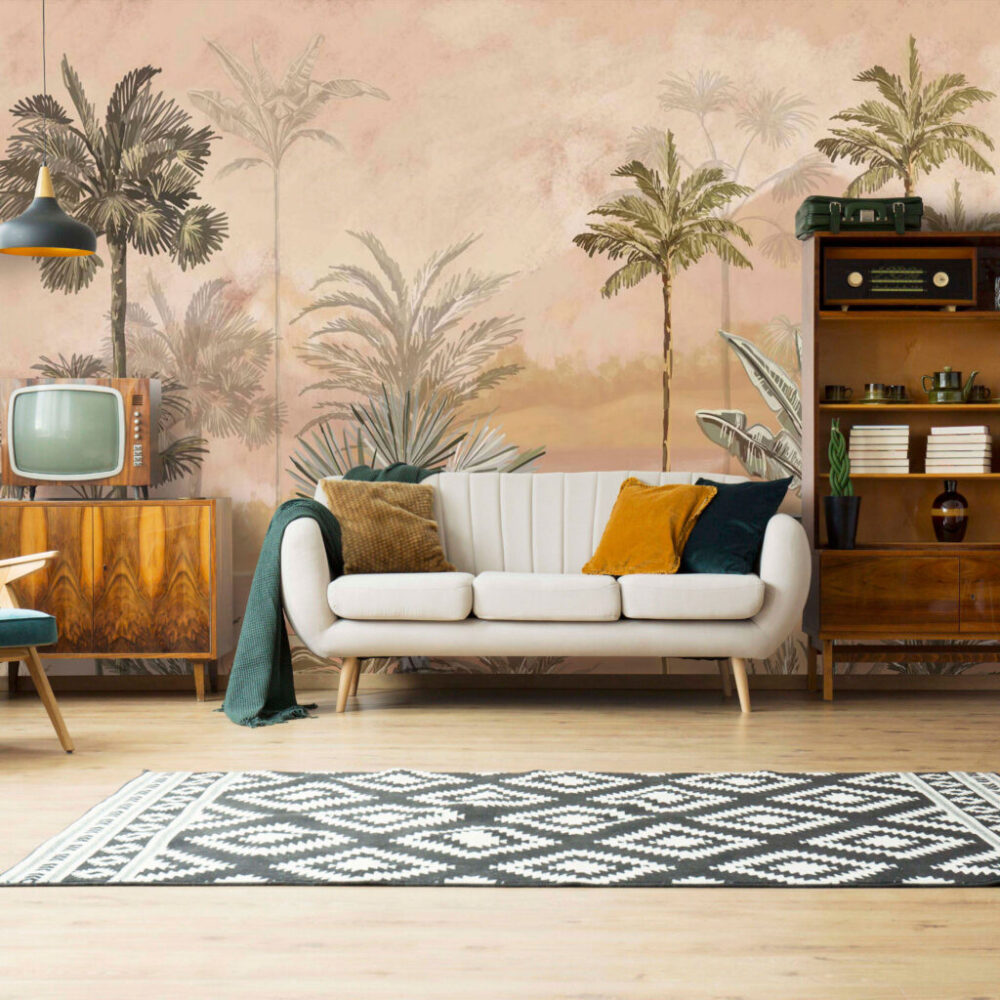 Sunset Palm Wallpaper : Golden Beige Palm Tree Mural - View 5