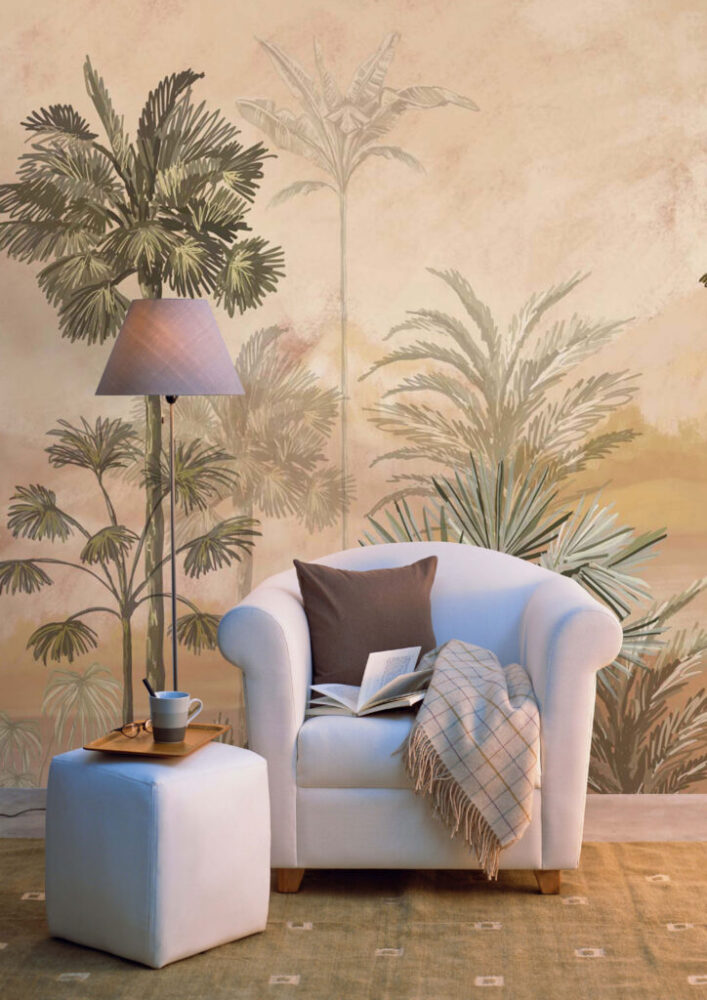 Sunset Palm Wallpaper : Golden Beige Palm Tree Mural - View 2