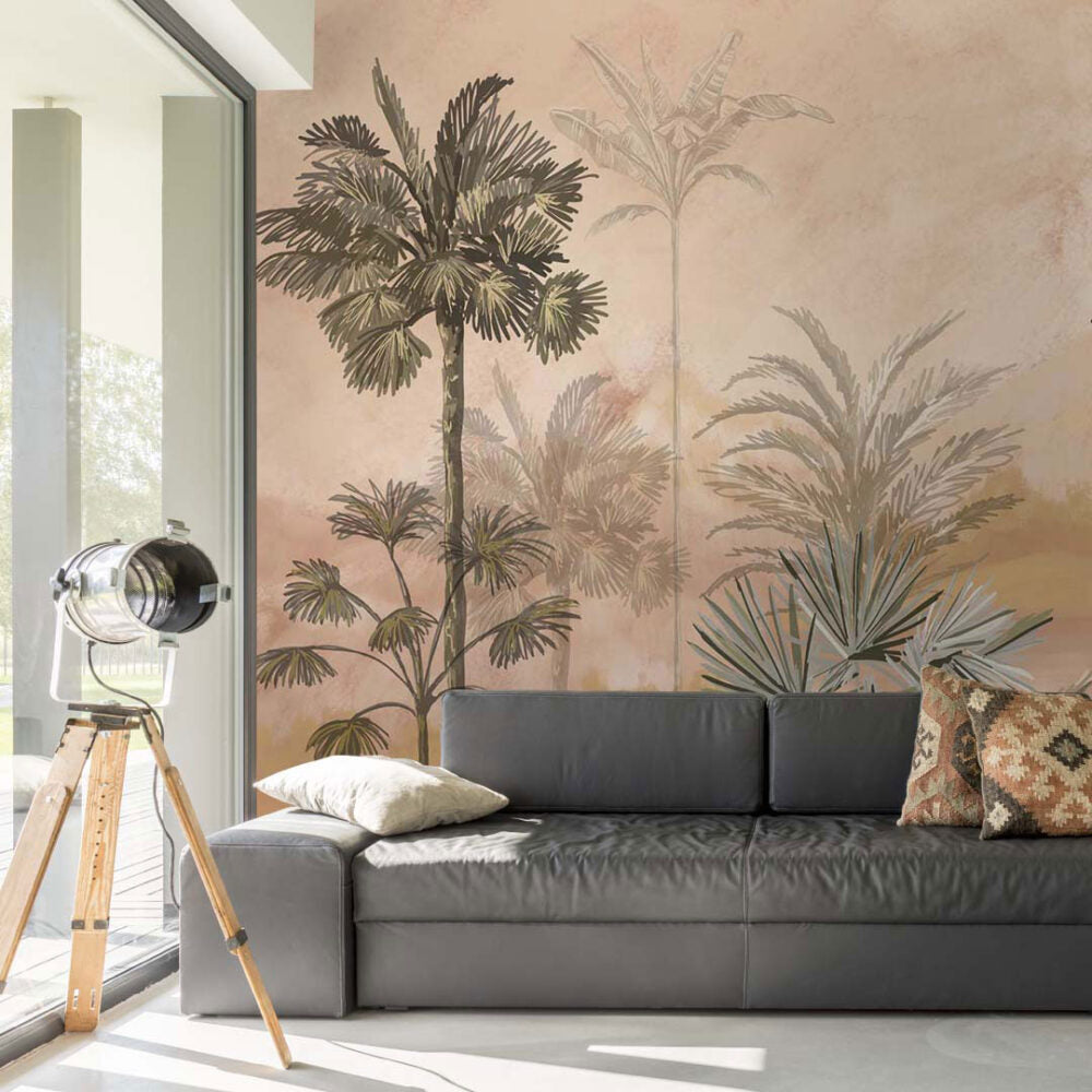 Sunset Palm Wallpaper : Golden Beige Palm Tree Mural - View 3