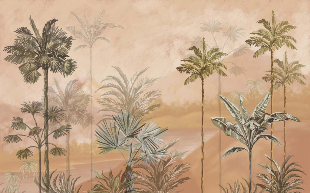 Sunset Palm Wallpaper : Golden Beige Palm Tree Mural - flat design