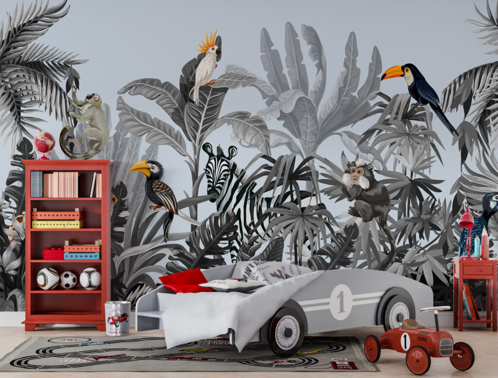 Monochrome Jungle Wallpaper : Zebra And Toucan Mural