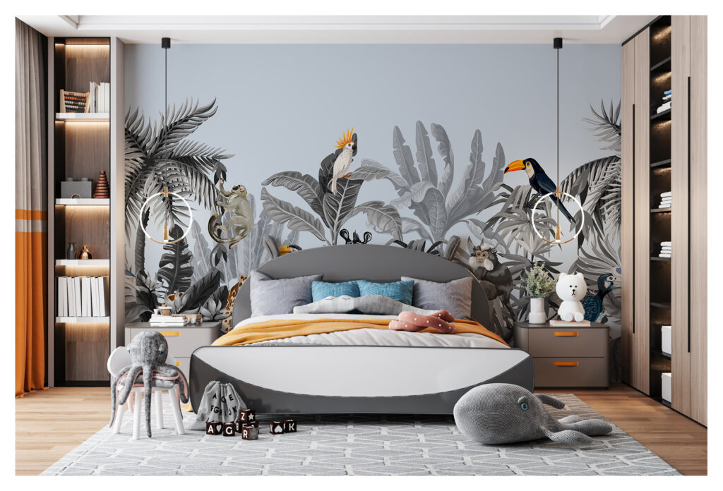 Monochrome Jungle Wallpaper : Zebra And Toucan Mural - View 3