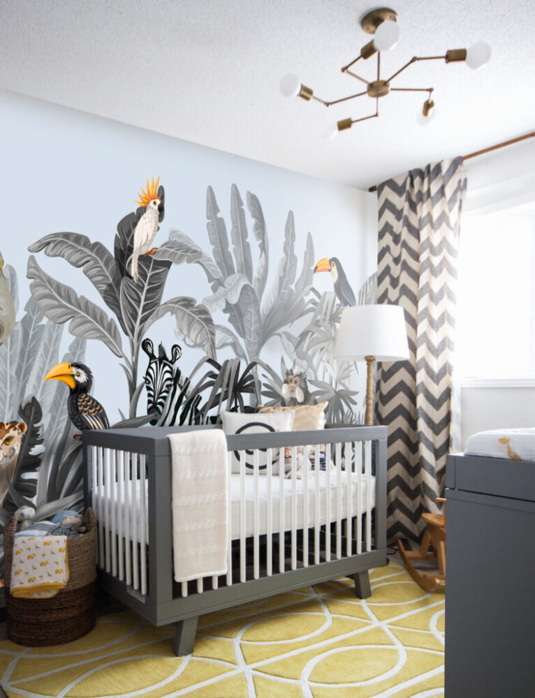 Monochrome Jungle Wallpaper : Zebra And Toucan Mural - View 2