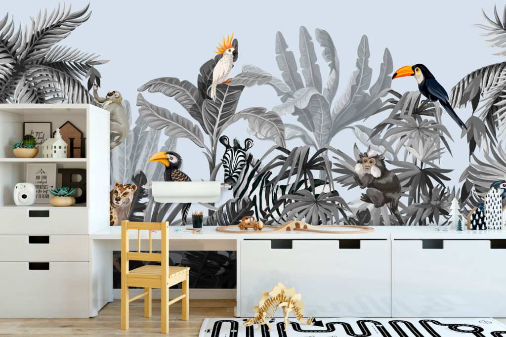 Monochrome Jungle Wallpaper : Zebra And Toucan Mural - View 6