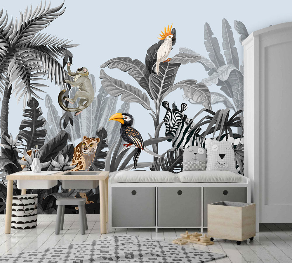 Monochrome Jungle Wallpaper : Zebra And Toucan Mural - View 5