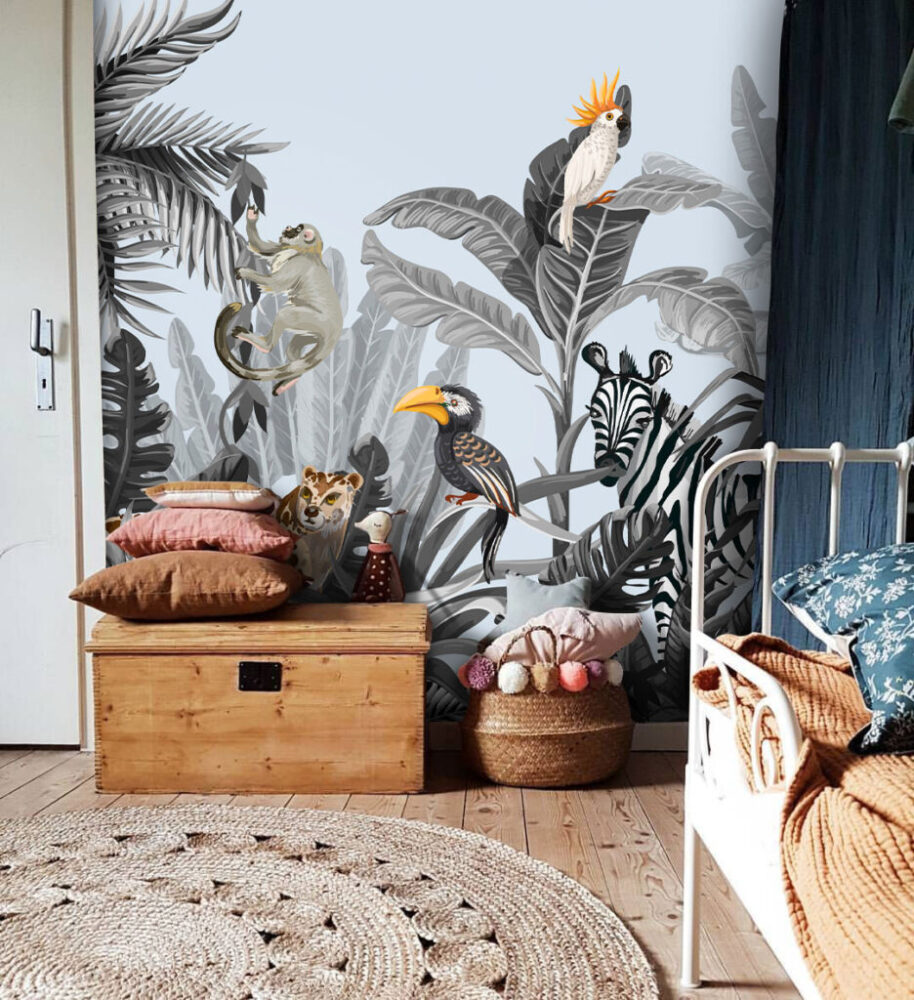 Monochrome Jungle Wallpaper : Zebra And Toucan Mural - View 4