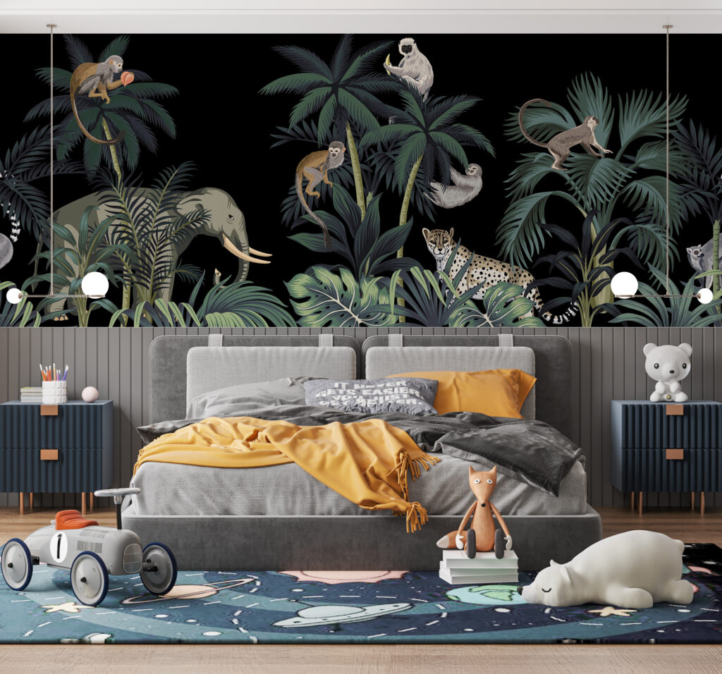 Night Jungle Wallpaper : Animals on Black Tropical Mural