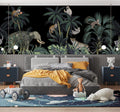 Night Jungle Wallpaper : Animals on Black Tropical Mural