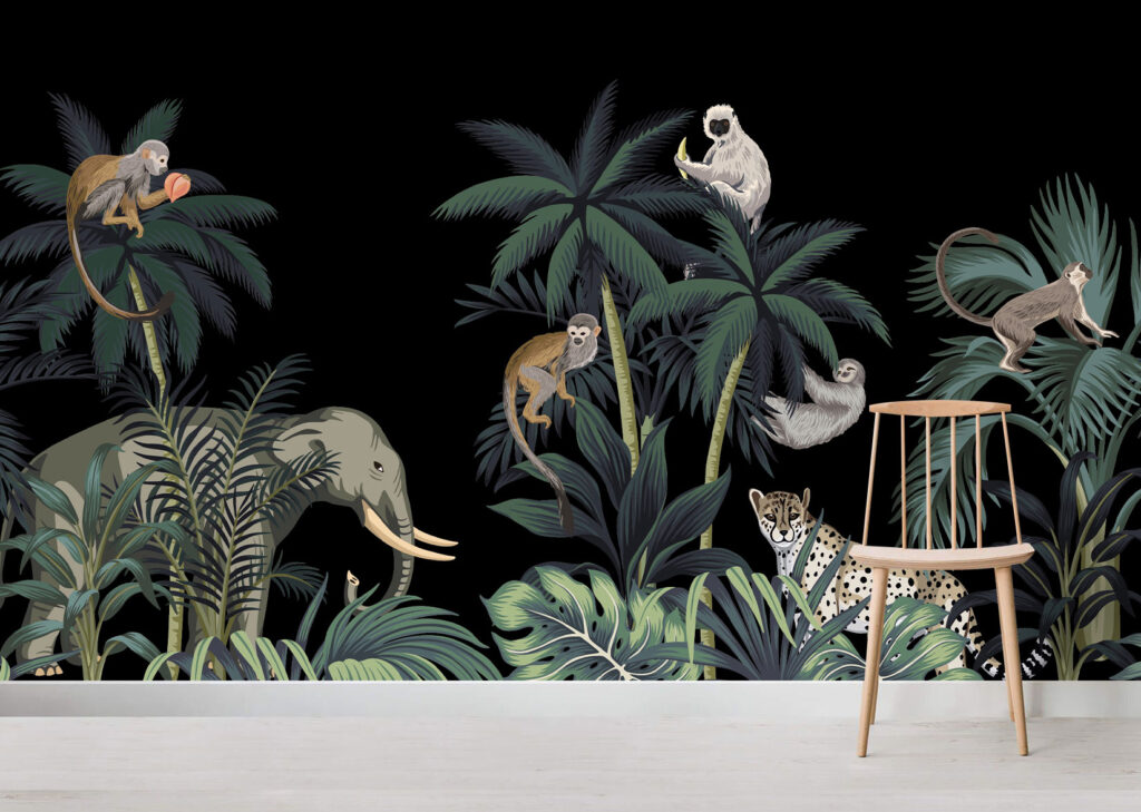 Night Jungle Wallpaper : Animals on Black Tropical Mural - View 5