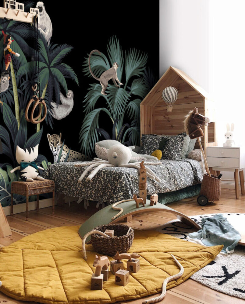 Night Jungle Wallpaper : Animals on Black Tropical Mural - View 4