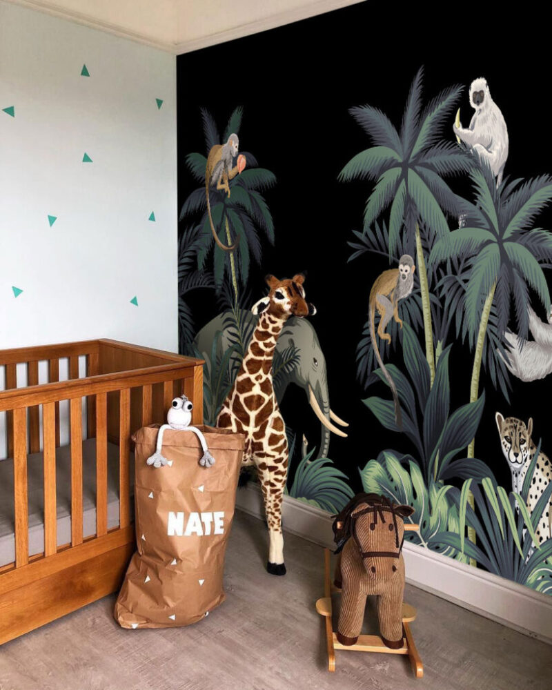 Night Jungle Wallpaper : Animals on Black Tropical Mural - View 2