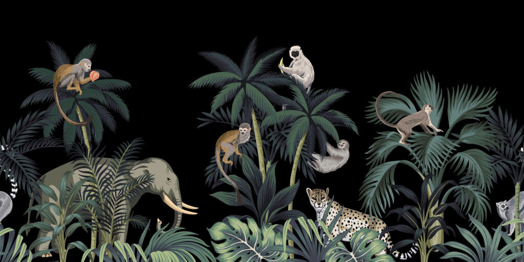 Night Jungle Wallpaper : Animals on Black Tropical Mural - flat design