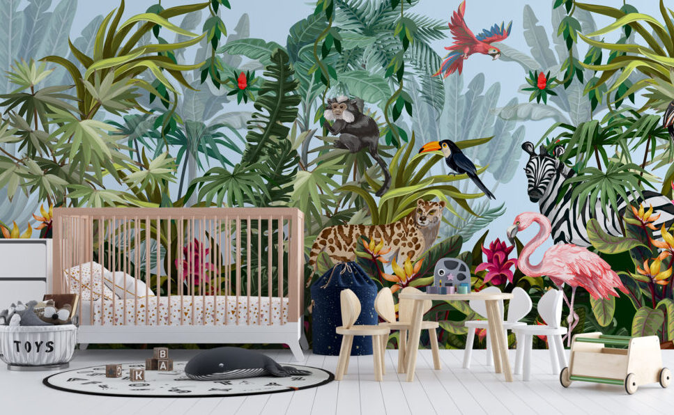 Rainforest Animals Wallpaper : Leopard and Toucan Jungle Mural
