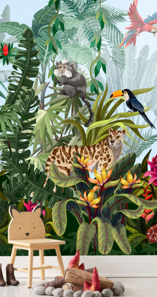 Rainforest Animals Wallpaper : Leopard and Toucan Jungle Mural - View 5