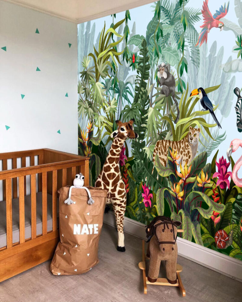 Rainforest Animals Wallpaper : Leopard and Toucan Jungle Mural - View 4