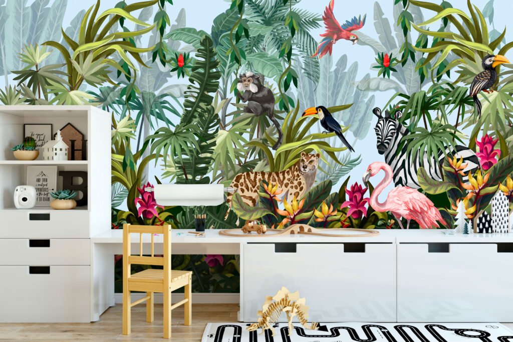 Rainforest Animals Wallpaper : Leopard and Toucan Jungle Mural - View 2