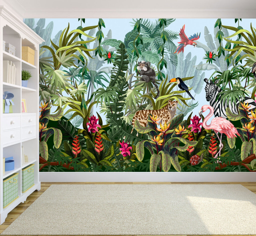Rainforest Animals Wallpaper : Leopard and Toucan Jungle Mural - View 3