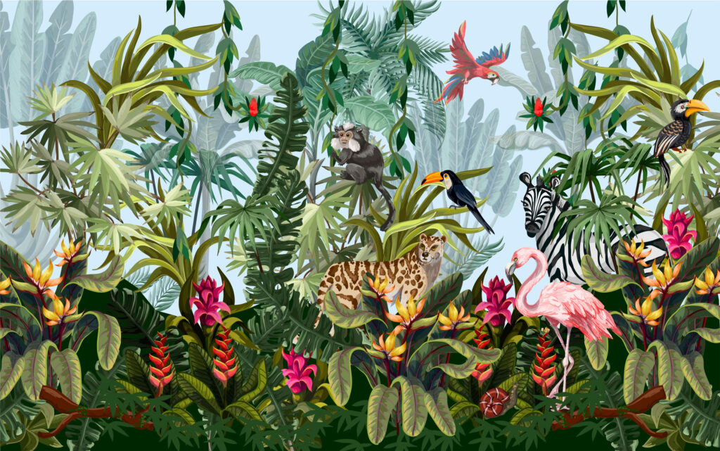 Rainforest Animals Wallpaper : Leopard and Toucan Jungle Mural - flat design