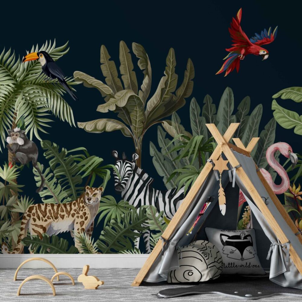Dark Tropical Animals Wallpaper : Zebra and Flamingo Mural