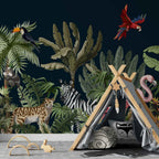 Dark Tropical Animals Wallpaper : Zebra and Flamingo Mural