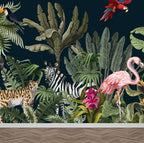 Dark Tropical Animals Wallpaper : Zebra and Flamingo Mural - View 2