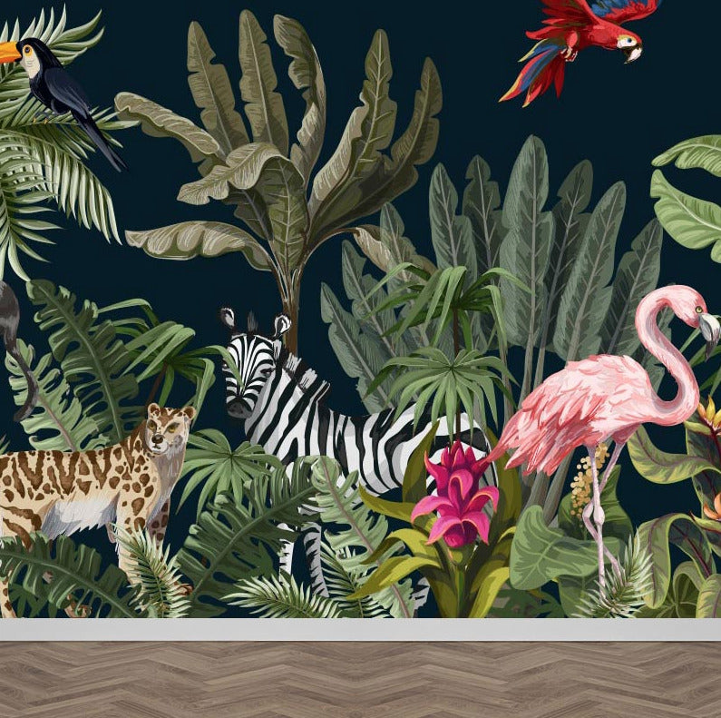 Dark Tropical Animals Wallpaper : Zebra and Flamingo Mural - View 2