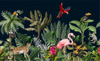 Dark Tropical Animals Wallpaper : Zebra and Flamingo Mural - flat design