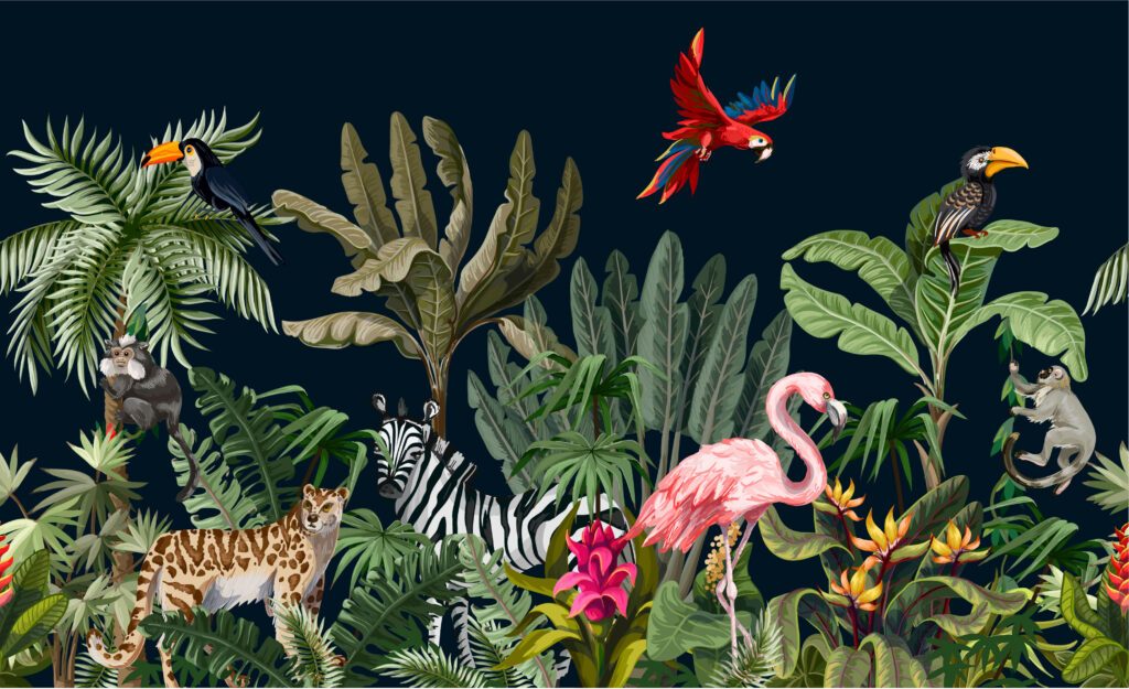 Dark Tropical Animals Wallpaper : Zebra and Flamingo Mural - flat design