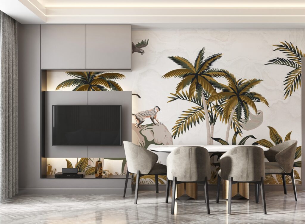 Golden Palm Safari Wallpaper : Elephant and Monkey Mural