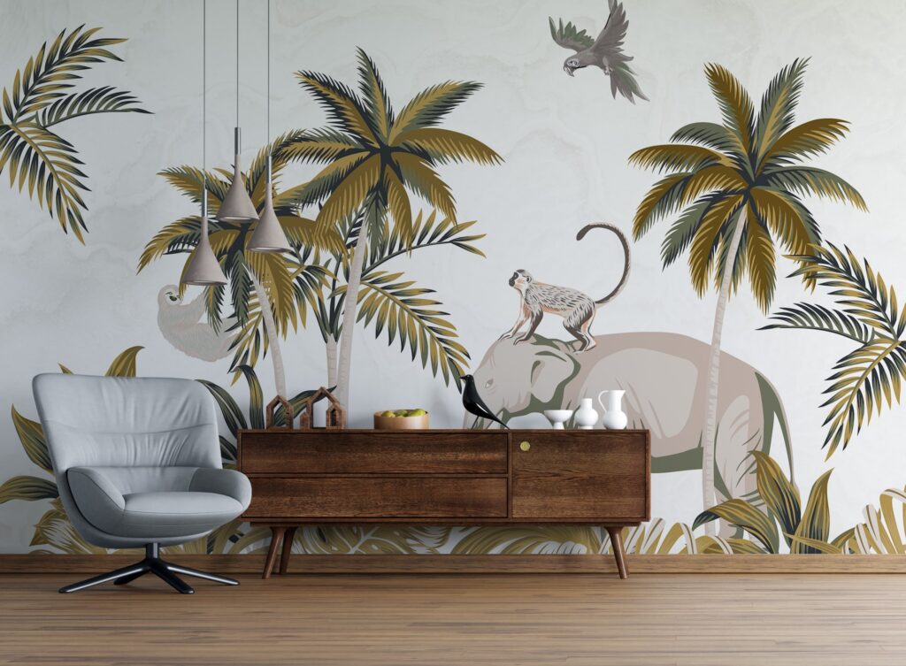Golden Palm Safari Wallpaper : Elephant and Monkey Mural - View 2